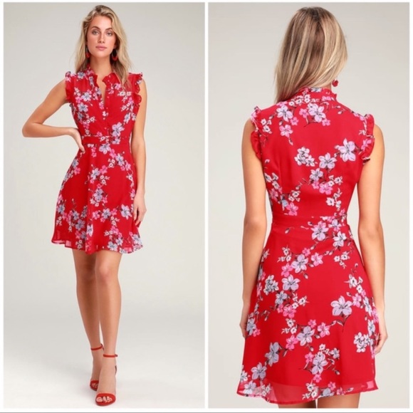 Lulu’s | Porch Swing Red Floral Print Skater Dress size Large - Picture 1 of 8